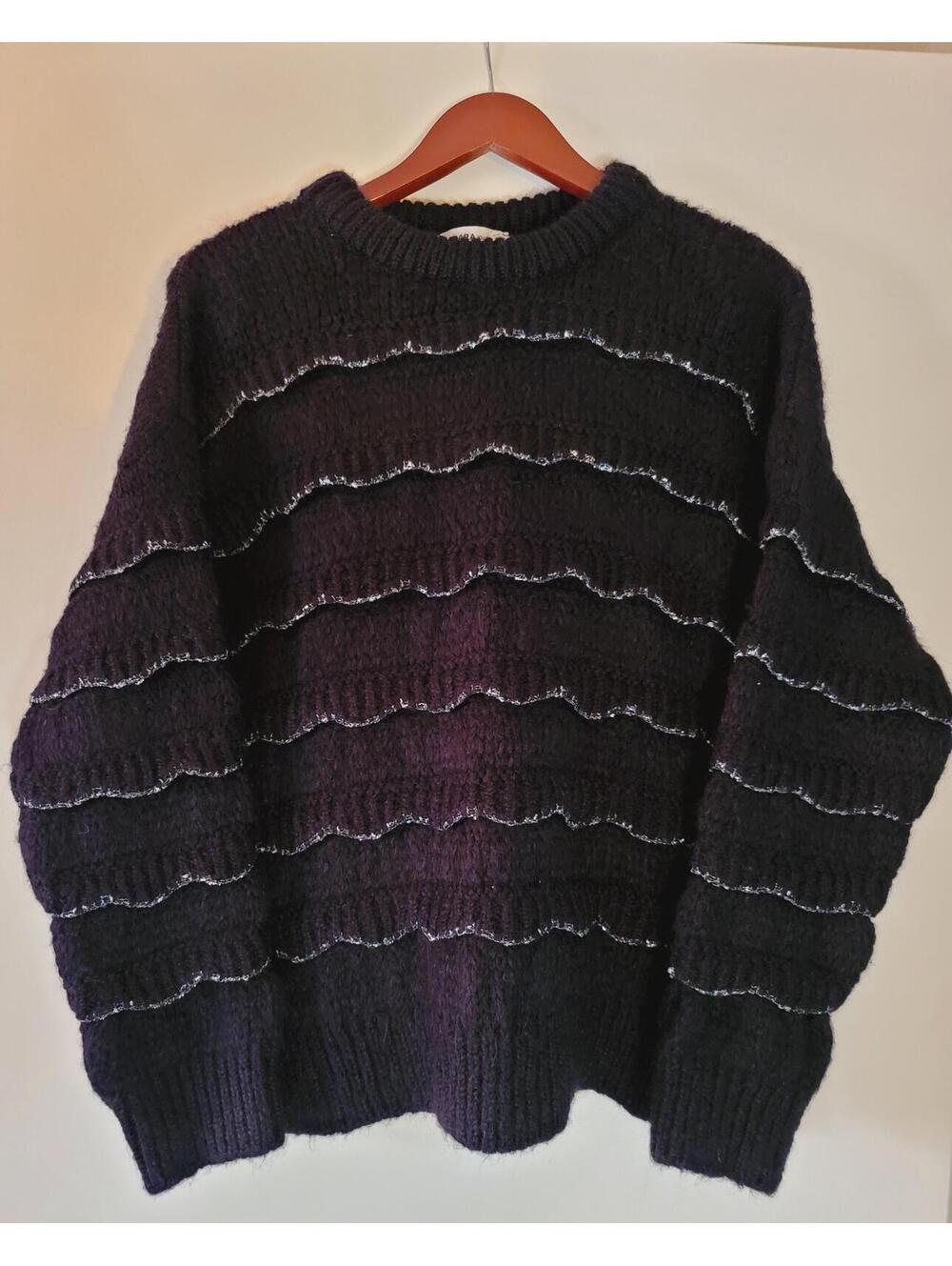 ZARA Black Chunky Knit Sweater with Textured Stripes Size S [COPY]